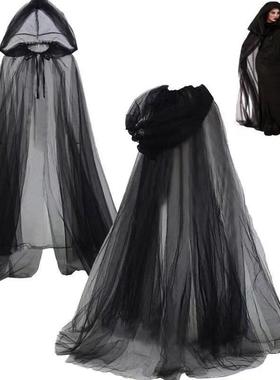 Halloween Hooded Cape Elegant Sheer Mesh Cloak with Drawstri