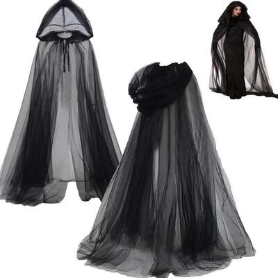 Halloween Hooded Cape Elegant Sheer Mesh Cloak with Drawstri
