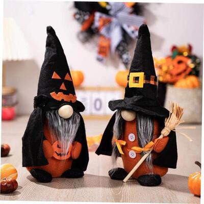 Halloween decoration with pumpkin broomstick pointy hat doll
