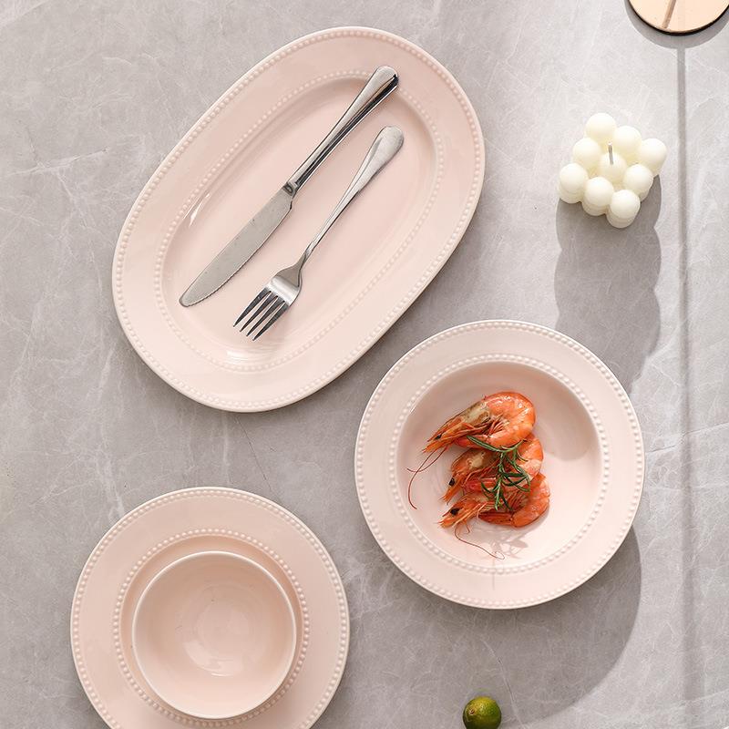 Wholesale of Pink French Pearl Ceramic Rice Bowl and Plate