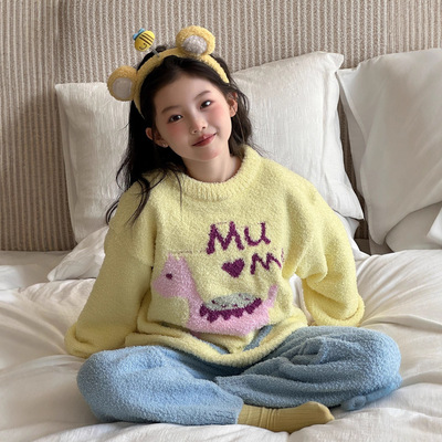 女童保暖半边绒睡衣冬季女款2025新款秋冬珊瑚绒可外穿家居服套装