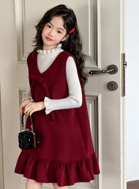 女童连衣裙2025新款大女童红色冬裙拜年服冬季套装时尚背心裙新年