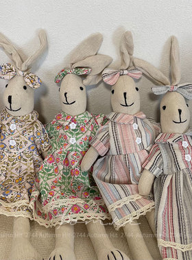 pom.kr新款韩版碎花裙兔兔玩偶手工穿衣儿童居家摆件棉麻娃娃礼物