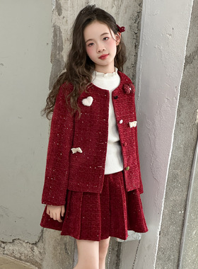 冬季女童红色加绒套装冬装新款童装儿童女孩小香风短裙两件套年服