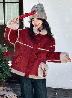 冬季中大女童加绒外套新款冬装童装儿童女孩皮毛一体上衣翻领短款