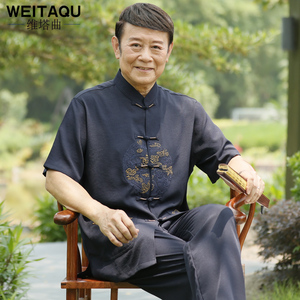 中老年唐装男夏季爸爸装套装中国风棉麻短袖爷爷老人夏天休闲衣服