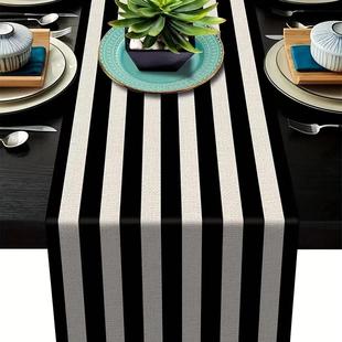 Linen Table Runner 1pc Simple Stripe Modern Black Geometric