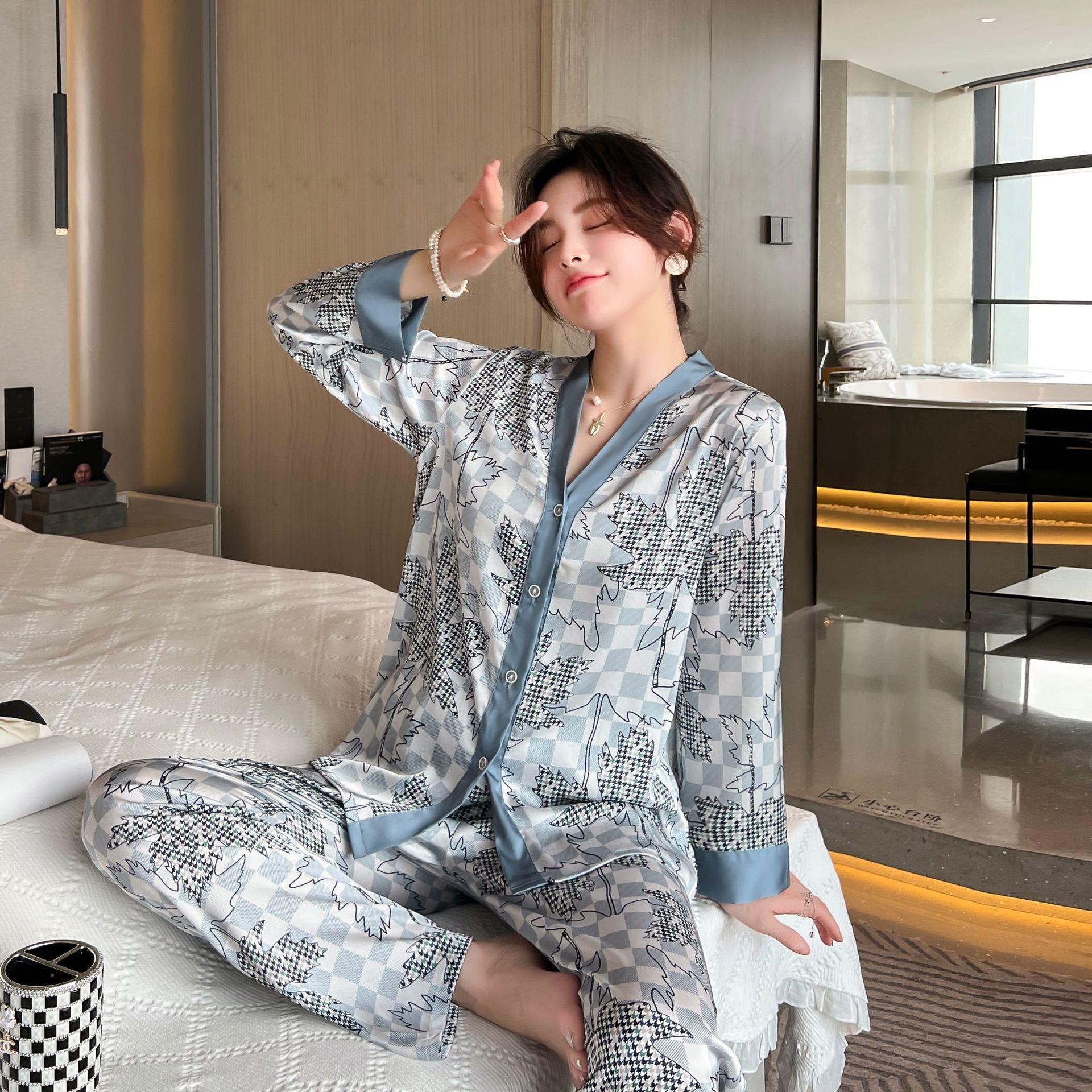 New Silk Pajamas Sets For Women Long Sleeve Cardigan And Lon