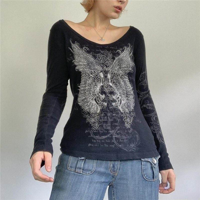 T Shirt Women Grunge Tops Rhinestone y2k Clothes Streetwear