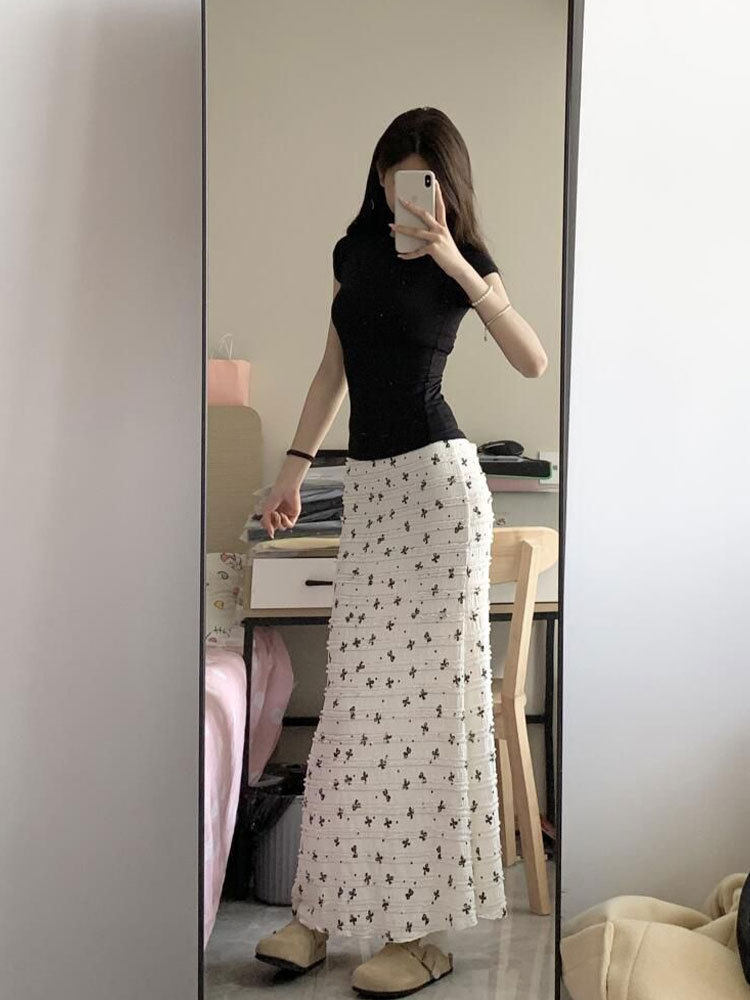 法式蝴蝶结碎花鱼尾半身裙女2025新款秋季高腰a字中长款包臀裙子
