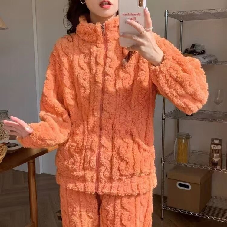 珊瑚绒长袖睡衣女秋冬季拉链款甜美加绒加厚保暖法兰绒家居服套装