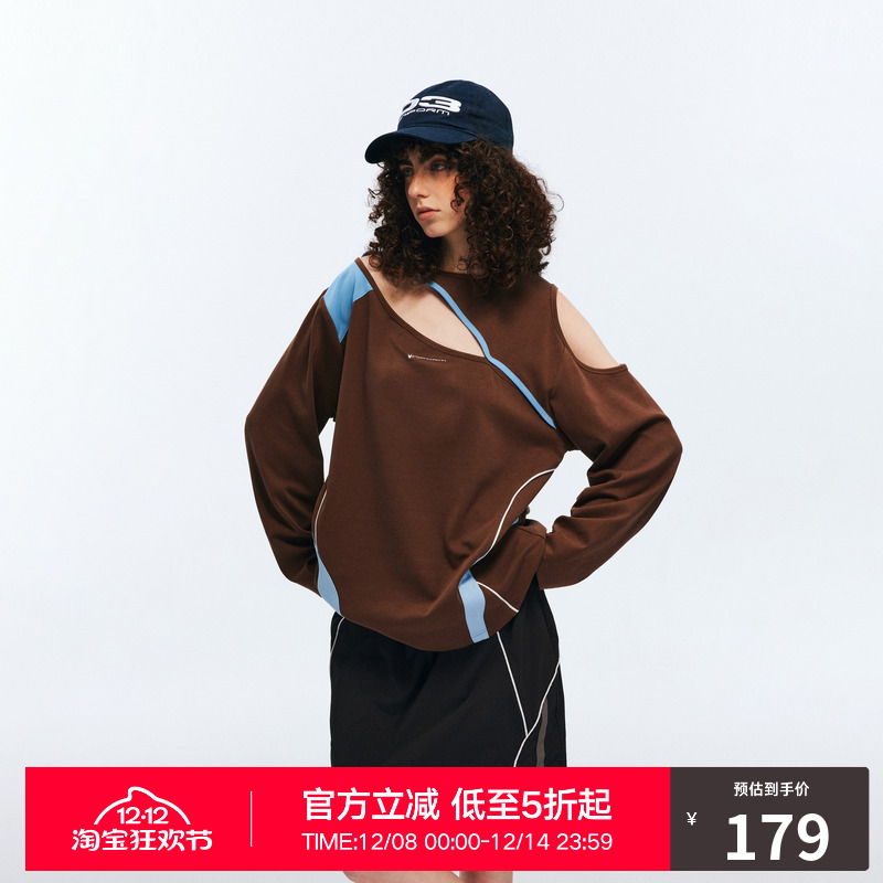 RASS赛车运动解构长袖女 美式小众设计感拼接露肩圆领宽松显瘦t恤