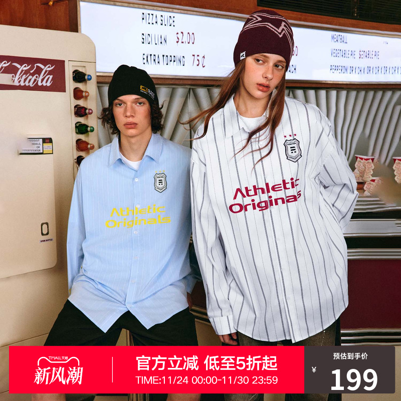 RASS运动撞色条纹长袖衬衫 国潮牌潮流宽松休闲情侣翻领外穿衬衣