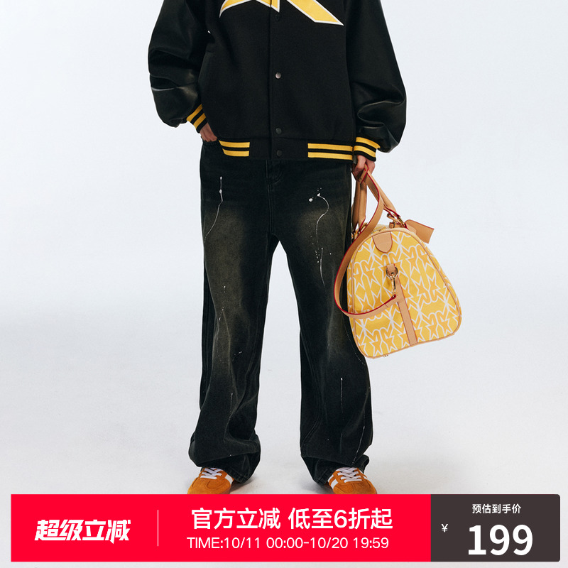 RASS泼墨做旧直筒牛仔裤 美式复古国潮牌潮流宽松休闲阔腿长裤子