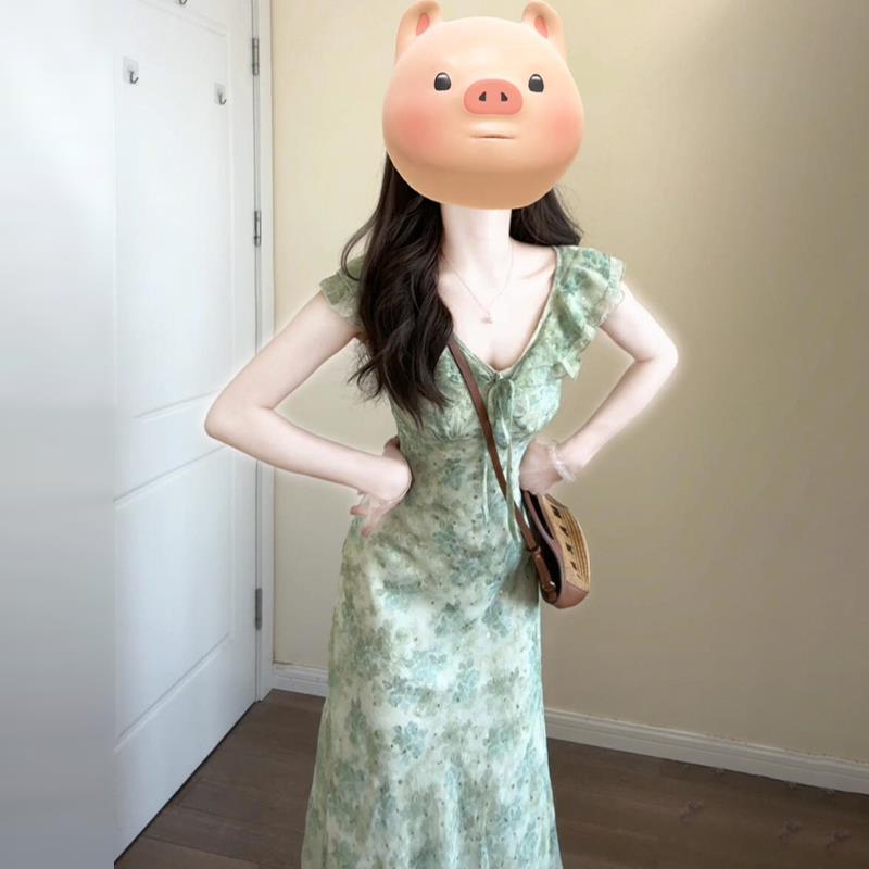 法式小飞袖荷叶边v领连衣裙子女装夏季2025新款气质绿色碎花长裙