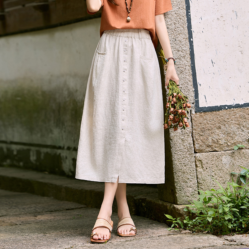 100%亚麻半身裙女文包臀a字裙