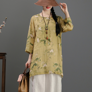 中国风印花亚麻中长款连衣裙2026夏季新款斜襟复古盘扣茶服旗袍