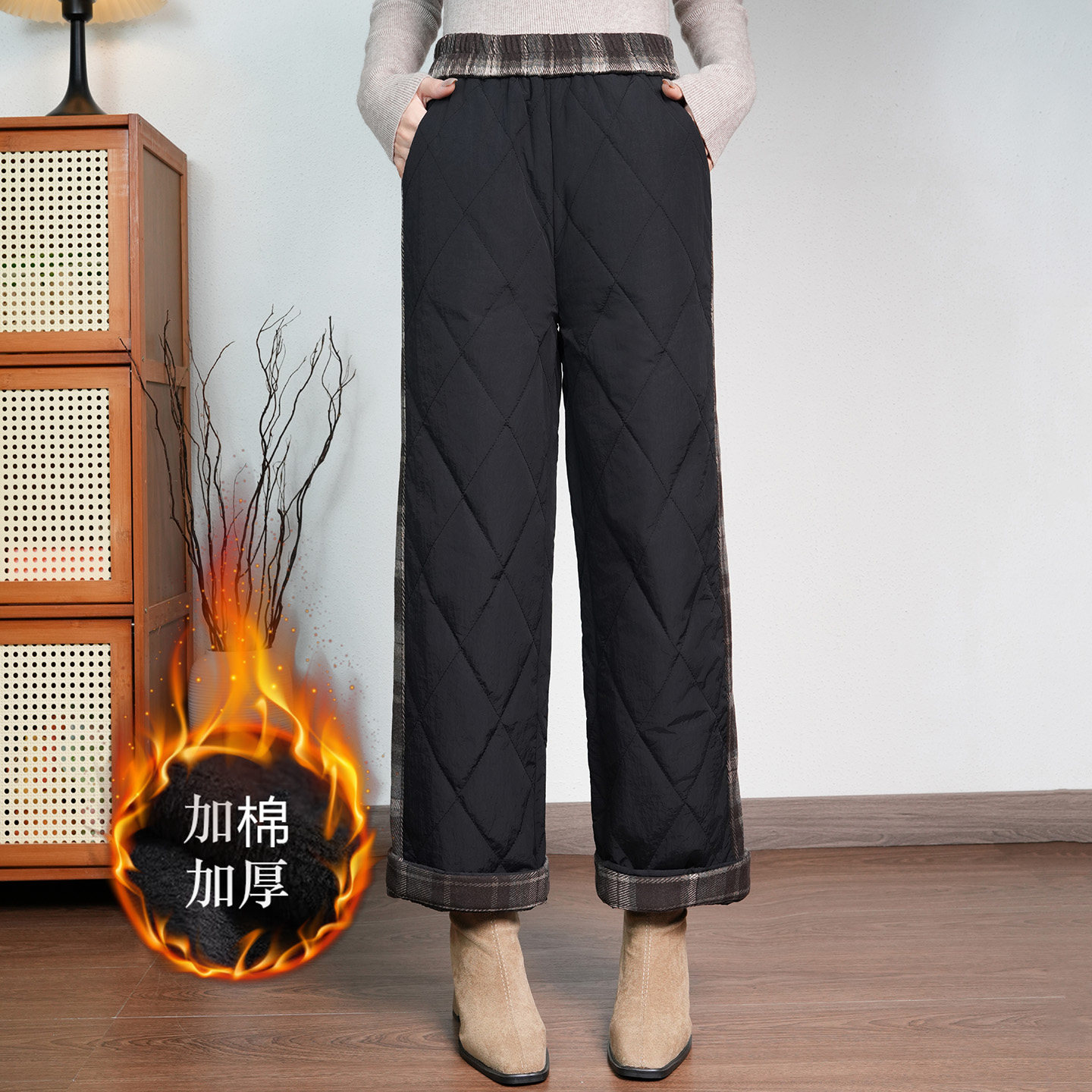高腰显瘦加厚保暖棉裤毛呢格纹拼接阔腿裤女士冬季保暖夹棉长裤,女装/女士精品,棉裤/羽绒裤,淘宝优惠券,粉丝福利购,淘宝优惠卷