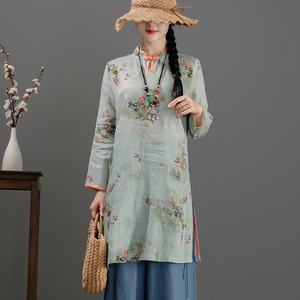 中国风亚麻中长款改良旗袍秋季新款立领盘扣复古花卉印花连衣裙