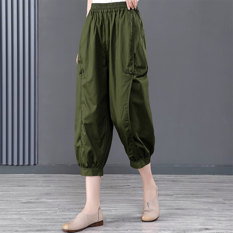 2025春夏装百搭纯棉休闲裤女复古文艺盘扣拼接大码七分哈伦裤