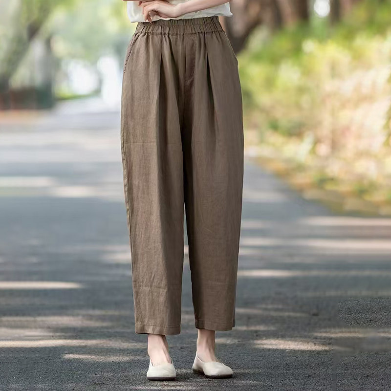 2026夏新款亚麻松紧腰小脚裤女九分棉麻小个子复古百搭萝卜休闲裤