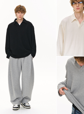 CLIMAX VISION老钱风舒适慵懒麦穗纹针织POLO衫内搭V领长袖T恤