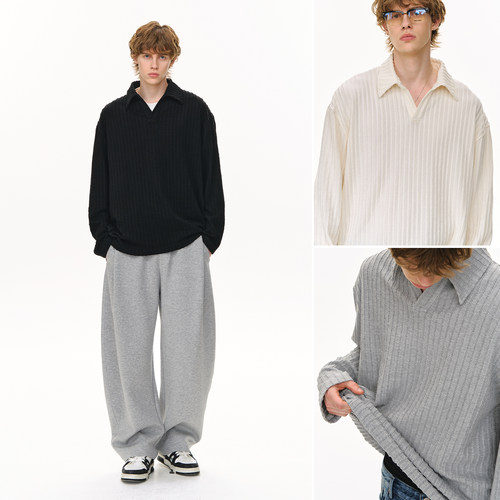 CLIMAX VISION老钱风舒适慵懒麦穗纹针织POLO衫内搭V领长袖T恤