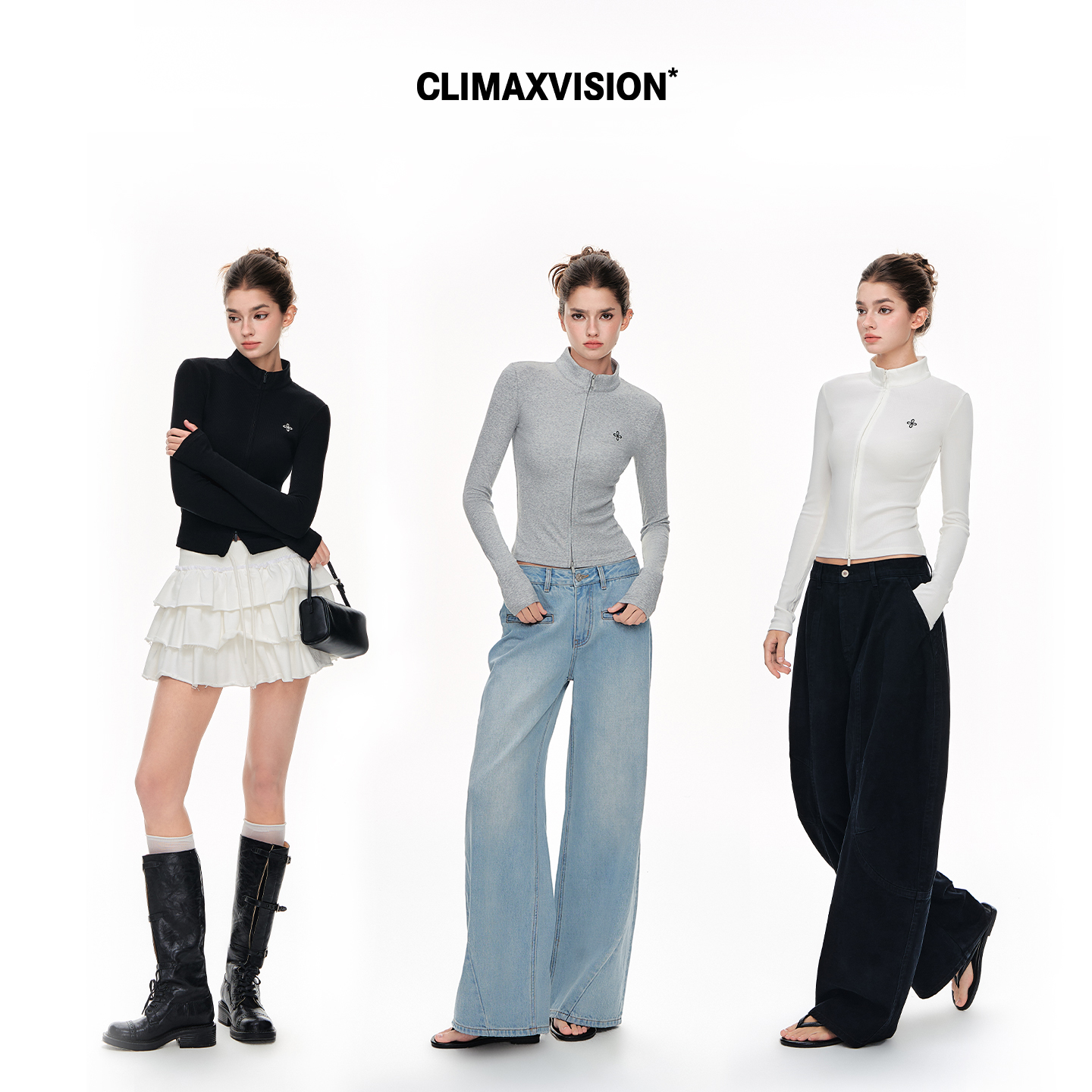 CLIMAX VISION柔软亲肤十字花修身显瘦超弹双拉链开衫长袖T恤打底