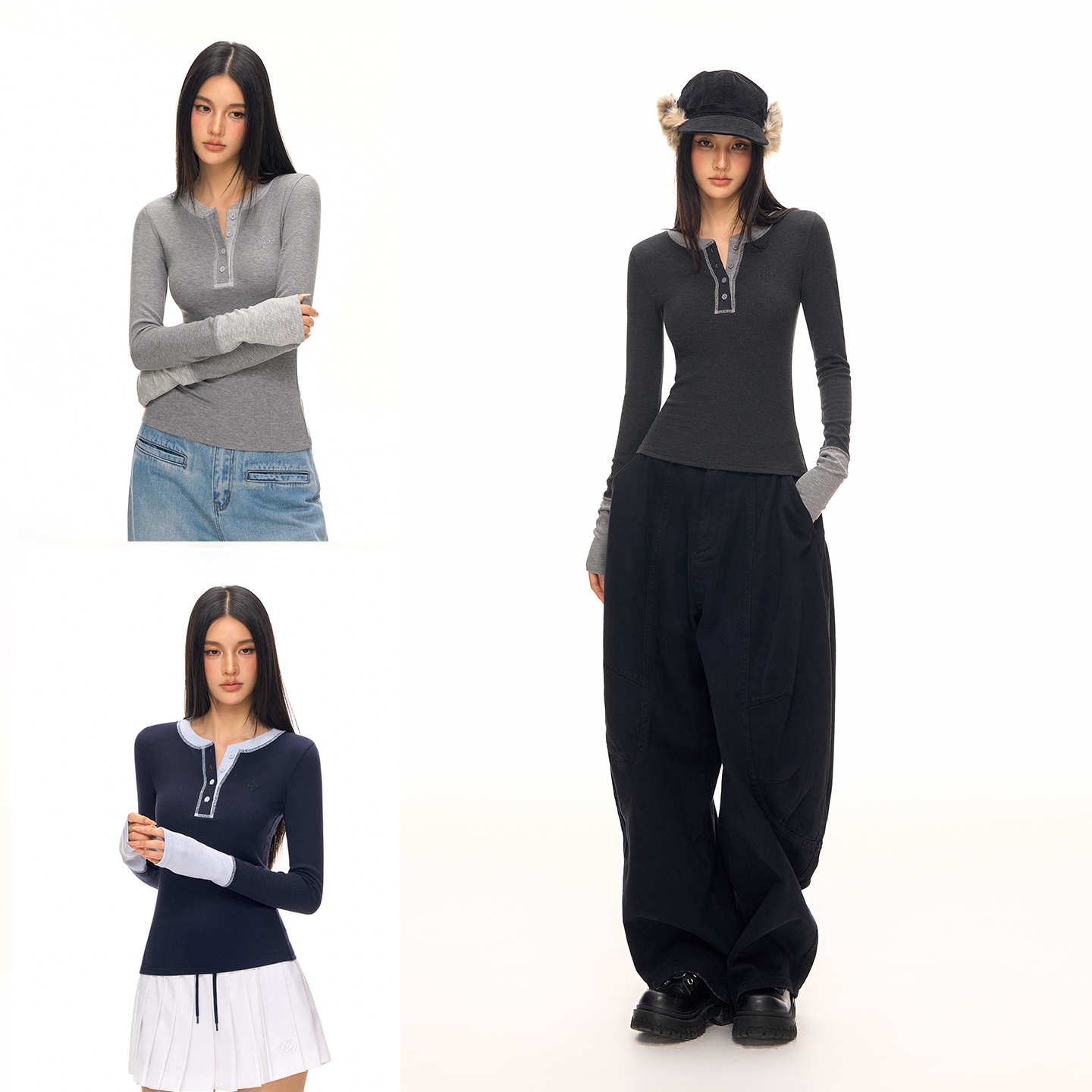 CLIMAX VISION莱赛尔混纺撞色亨利领绒感亲肤弹力长袖T恤打底衫女