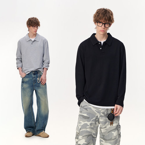 CLIMAX VISION小网眼珠地棉撞色领合身版叠穿假两件POLO衫长袖T恤