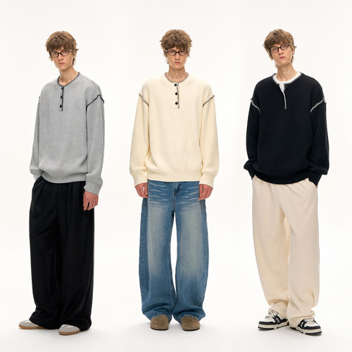 CLIMAX VISION可机洗撞色手绣亨利领坑条棉纱针织衫毛衣内搭/外穿