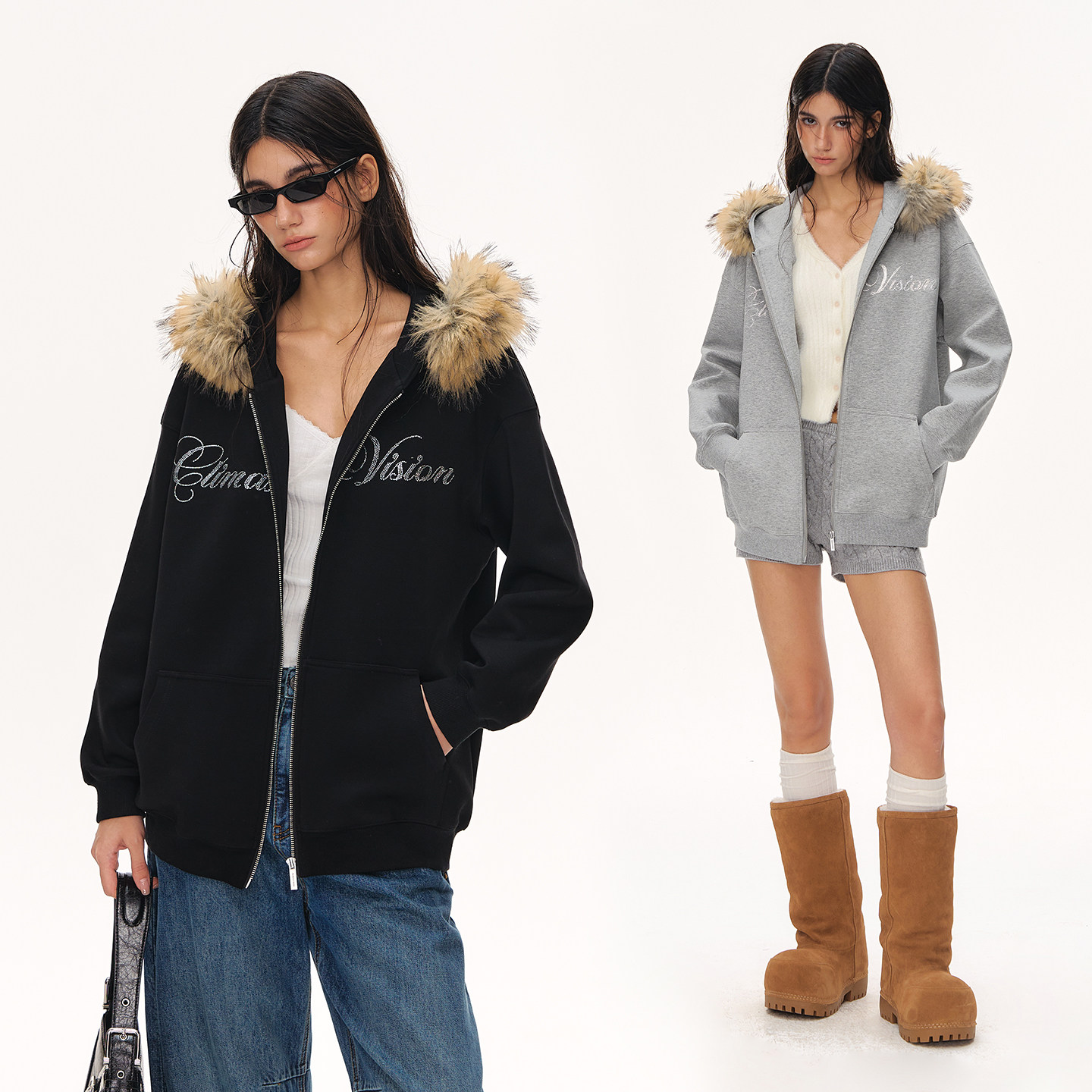 CLIMAX VISION可拆卸毛领烫钻字母保暖空气层连帽卫衣外套女