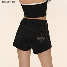CLIMAX VISION十字花刺绣紧身弹力辣妹牛仔短裤热裤女显瘦百搭