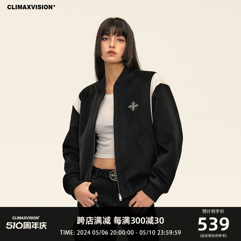 CLIMAX VISION十字花刺绣毛呢拼皮短外套男女同款复古棒球服夹克