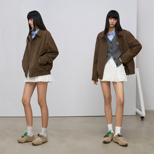 CLIMAX VISION棕色复古擦色做旧绒感翻领环保皮衣夹克外套女款