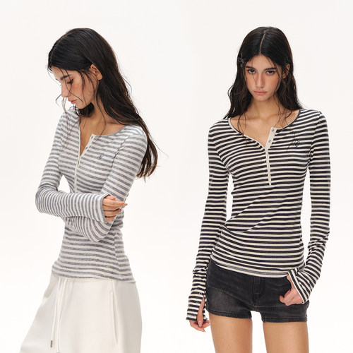 CLIMAX VISION慵懒黑白条纹半开领亨利打底衫高弹修身显瘦长袖T恤