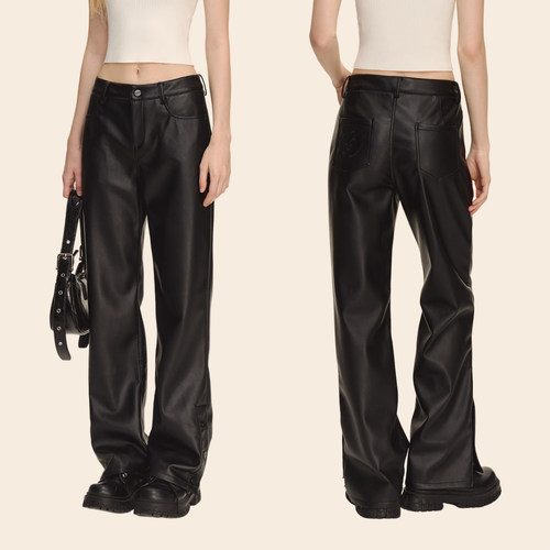 CLIMAXVISION扣子开叉加绒皮裤