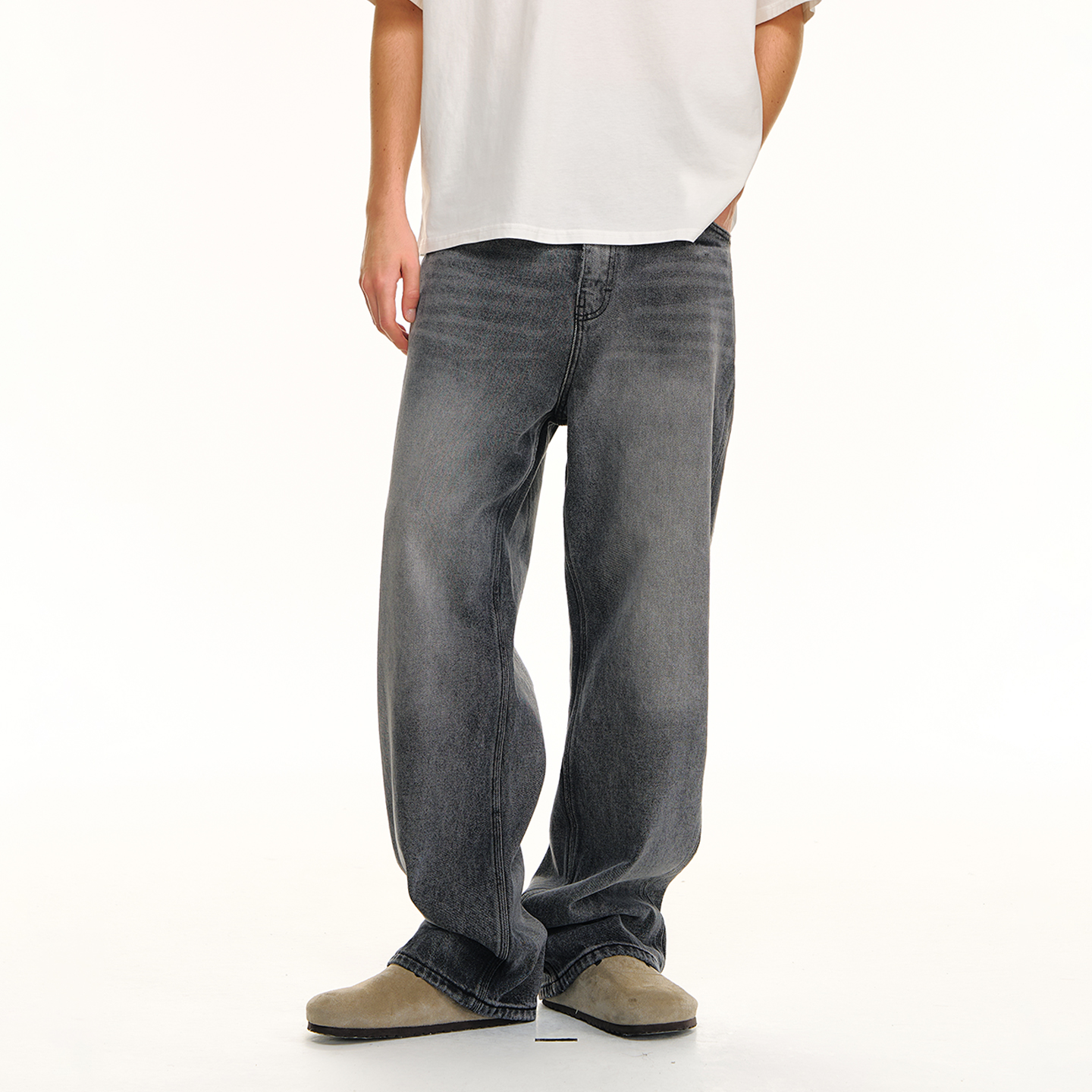 CLIMAX VISION烟灰色重工水洗纯棉复古直筒牛仔裤长裤cleanfit
