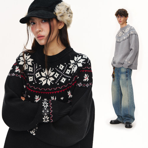 CLIMAX VISION冰岛复古花色费尔岛撞色提花圆领套头毛衣针织衫