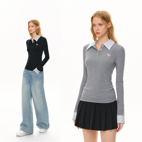 CLIMAX VISION知识分子天丝罗纹弹力修身衬衫领假两件POLO长袖T恤