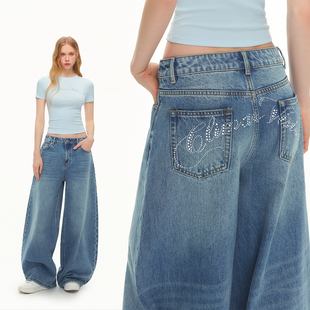 女款 复古做旧水洗烫钻字母廓形弯刀拖地牛仔裤 VISION美式 CLIMAX