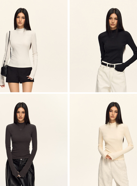 CLIMAX VISION半高领十字架刺绣基础弹力打底衫女紧身显瘦长袖T恤