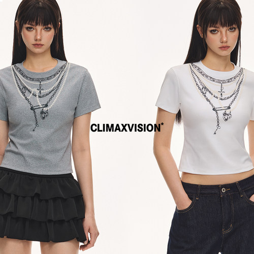CLIMAXVISION珍珠链条印花短袖