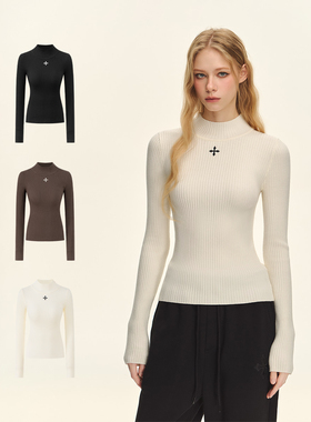 CLIMAX VISION十字刺绣坑条肌理感紧身半高领针织打底衫毛衣女
