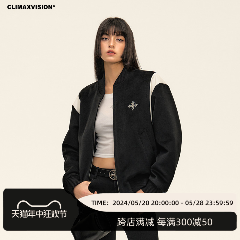 CLIMAX VISION十字花刺绣毛呢拼皮短外套男女同款复古棒球服夹克