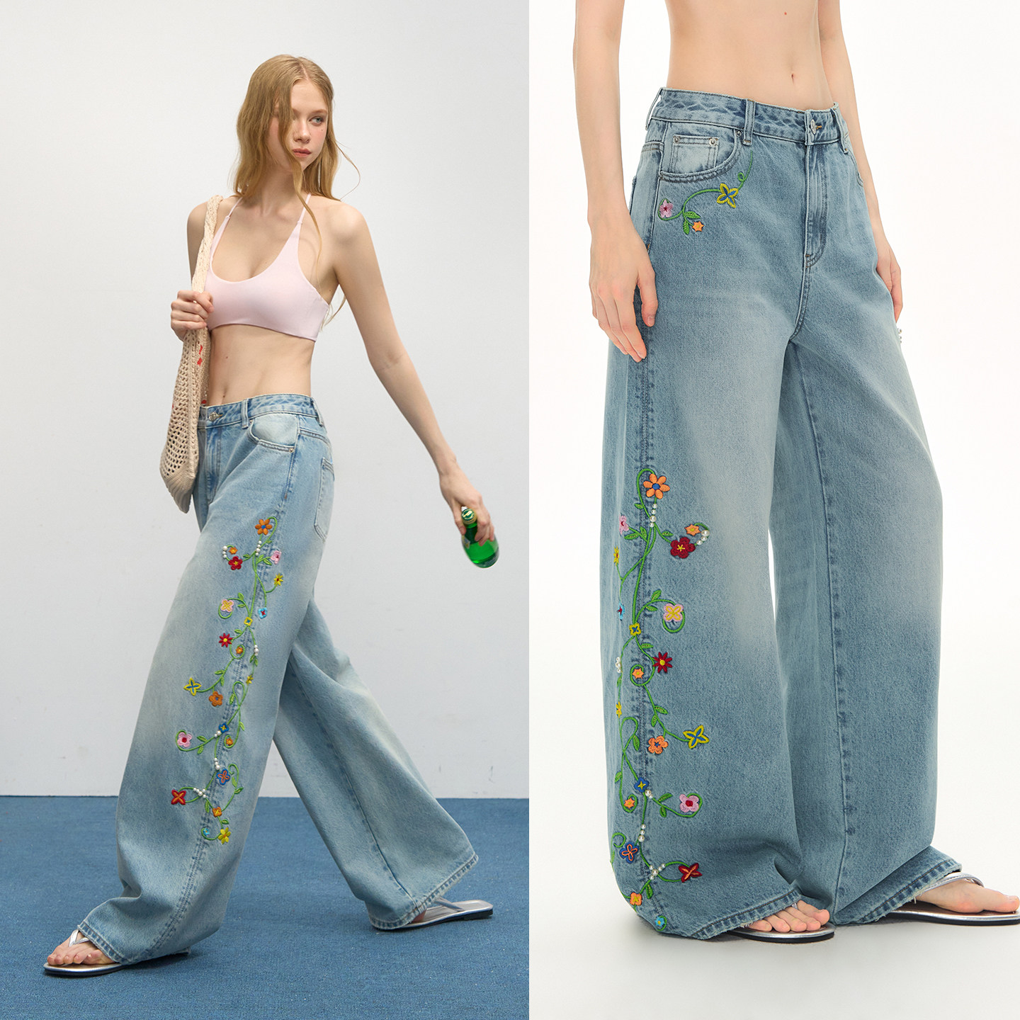 CLIMAX VISION花卉蔓藤刺绣珍珠宽松廓形直筒水洗牛仔裤女款长裤