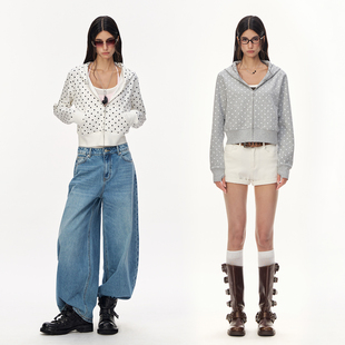 CLIMAX VISION慵懒风短款休闲波点满印连帽拉链开衫卫衣短外套