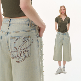 女做旧水洗短裤 复古满天星珍珠烫钻七分牛仔裤 VISION美式 CLIMAX