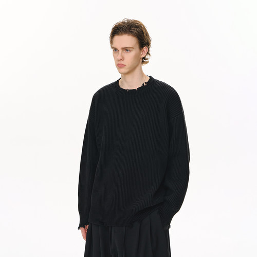 CLIMAX VISION可机洗膨体棉腈纱线/圆领坑条肌理感破坏针织毛衣