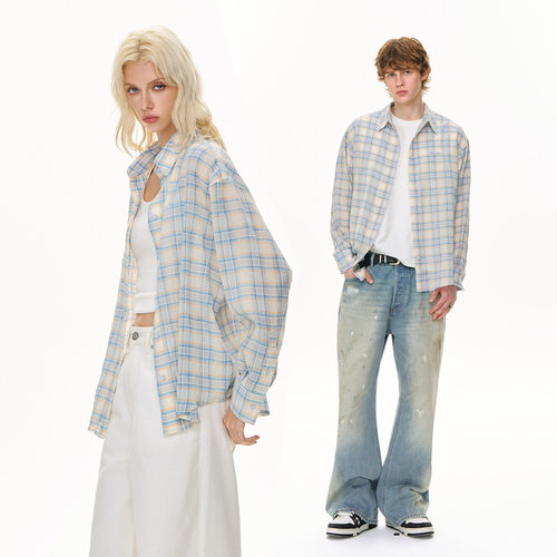 CLIMAX VISION轻薄透气褶皱肌理色织格纹慵懒休闲长袖衬衫男女款